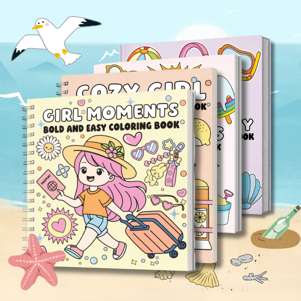 Bold & Easy Lines Coloring Books Bundle - 4 Books, Retro Playful Designs, Stress Relief Art Supplies for Summer Getaways