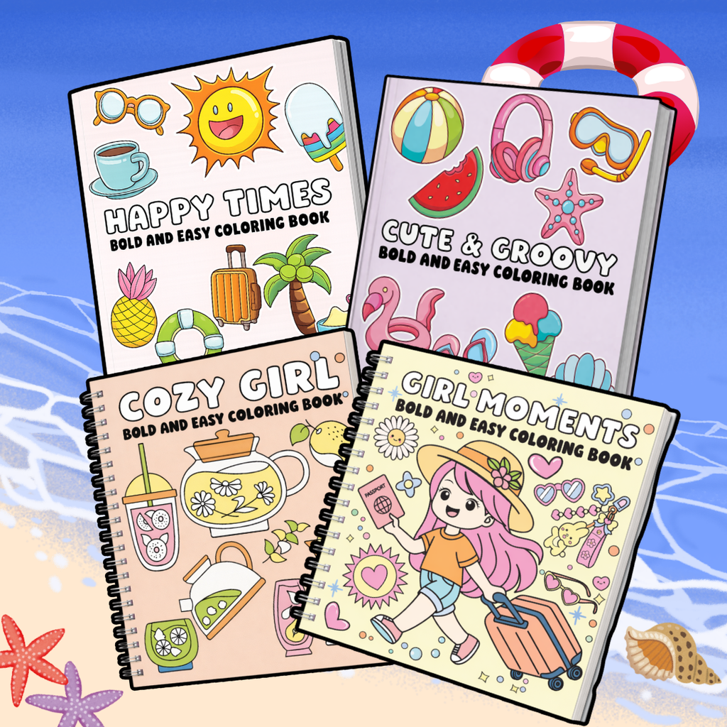 Bold & Easy Lines Coloring Books Bundle - 4 Books, Retro Playful Designs, Stress Relief Art Supplies for Summer Getaways