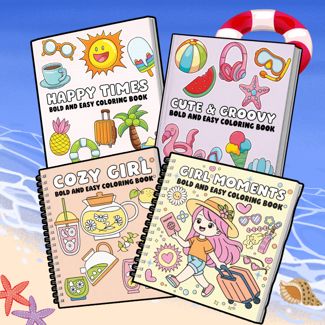 Bold & Easy Lines Coloring Books Bundle - 4 Books, Retro Playful Designs, Stress Relief Art Supplies for Summer Getaways